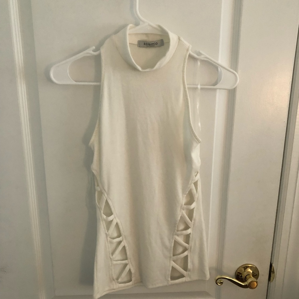 Ribbed Mock Neck Sleeveless Top with Cutouts